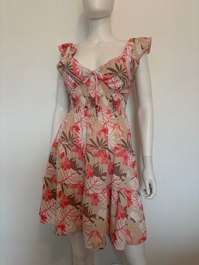 #588 Adorable Floral Tie-Front Mini Dress in Beige and Coral